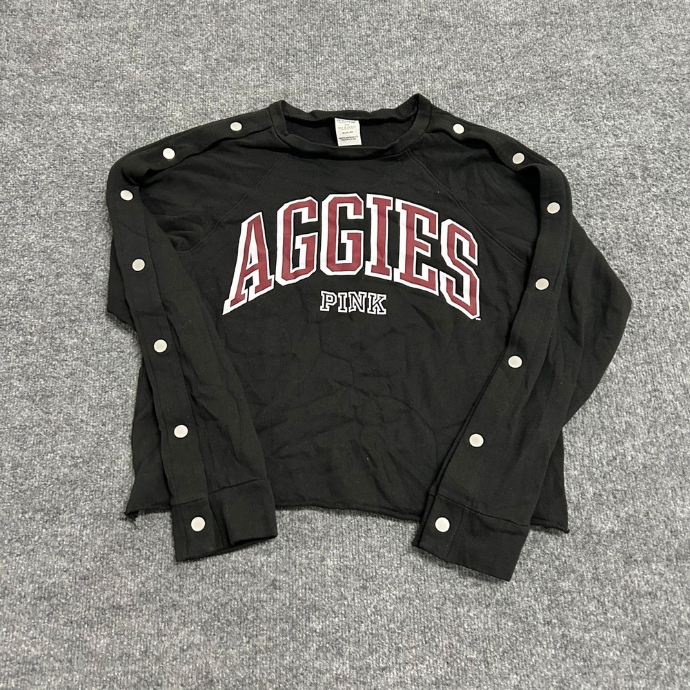 PINK Sweatshirt Womens XS Black Aggies Snap Sleeve Cropped Raw Hem Pullover
